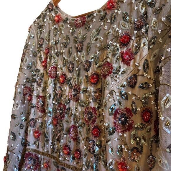 Mac Duggal NWT Elegant Floral Embroidered Long Sleeve Whimsical Maxi Tan Gown 12 - Picture 4 of 16